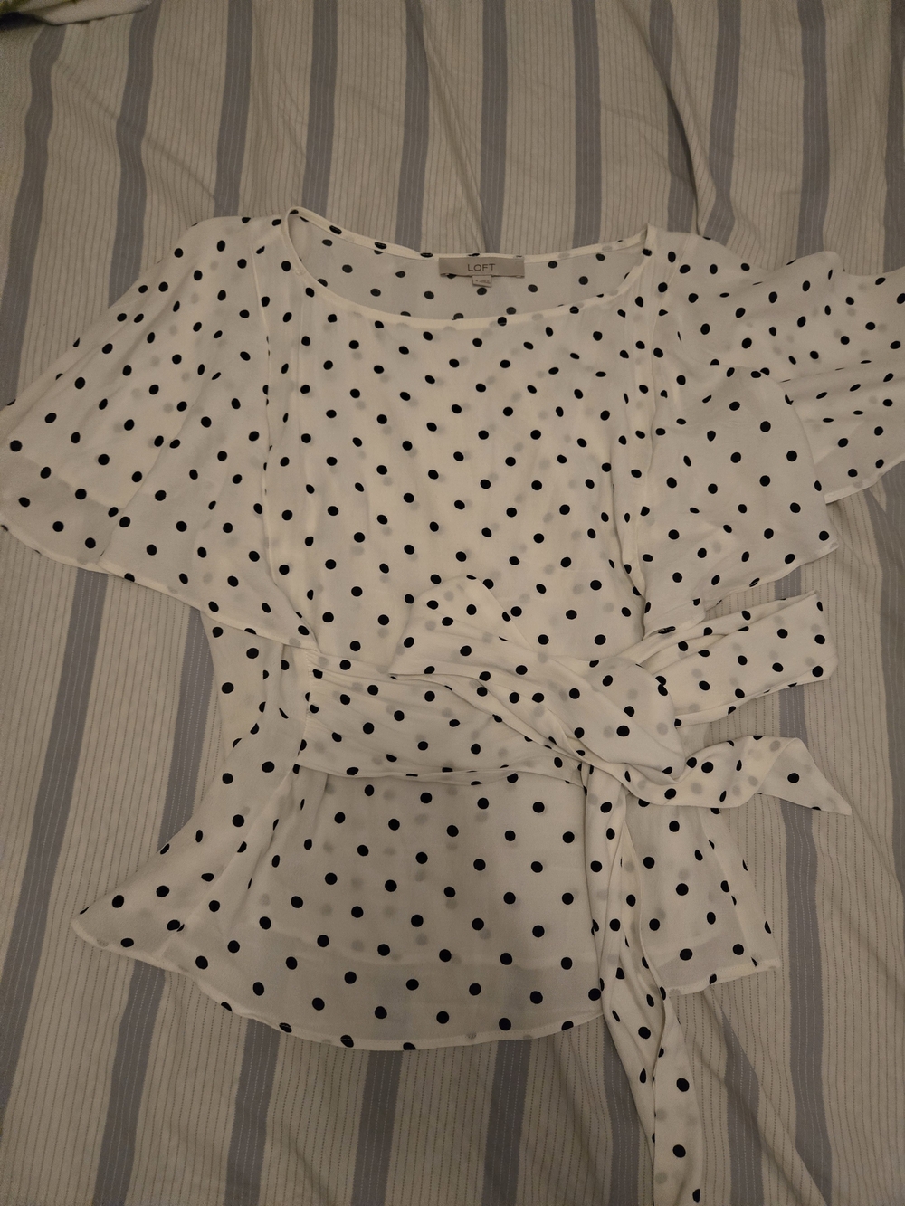 LOFT White and Black Polka Dot Tie-Waist Flutter Sleeve Blouse